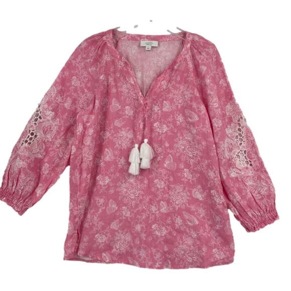 Charter Club Linen Blouse Size S Pink Floral Long Sleeve Tassel Ties Bohohemian - Picture 1 of 12